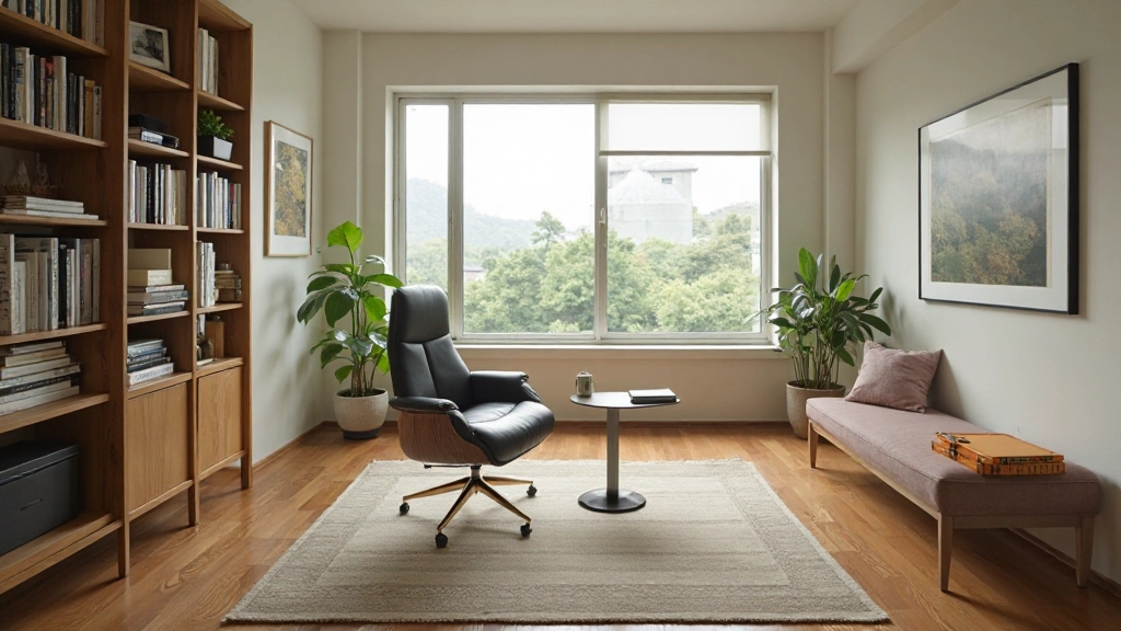 現代的なワークスペース、日本の伝統色が取り入れられた家具、大きな窓からの自然光