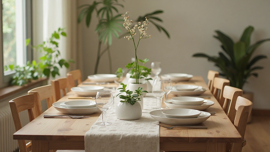 ダイニングテーブル、テーブルコーディネート、テーブルランナー、花瓶、グリーン、食器