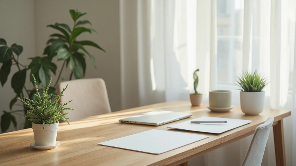 スタイリッシュなデスク装飾、ミニマリスト配置、観葉植物、ニュートラルカラー、自然光