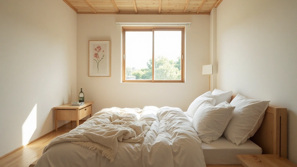 ミニマリスト寝室の全体像、シンプルな家具配置、自然素材の活用、光と影の演出