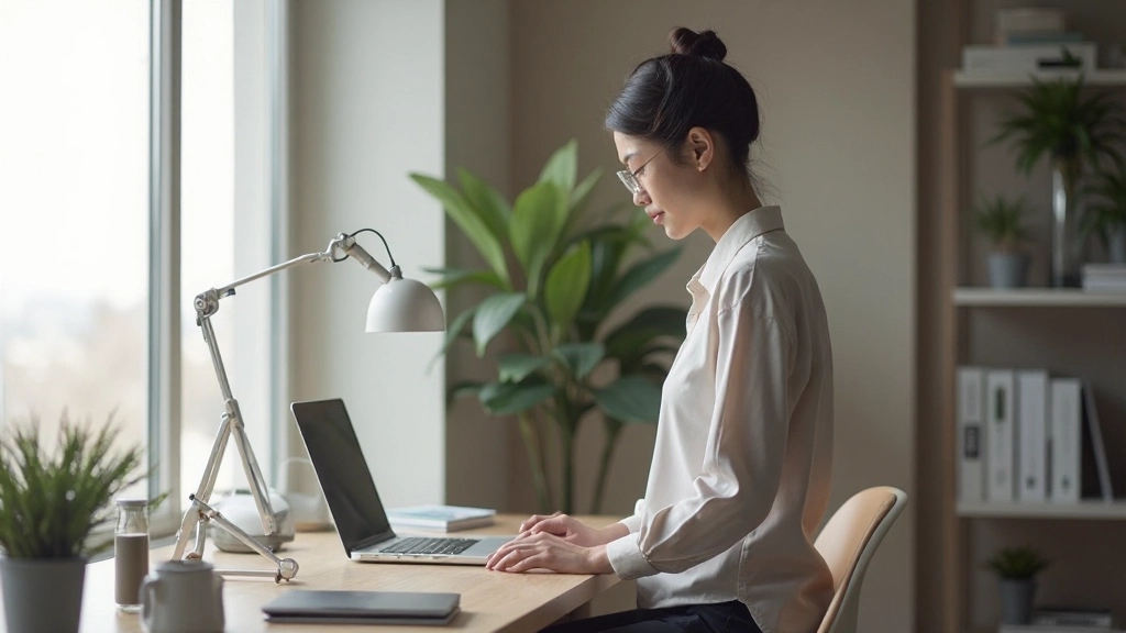 スタイリッシュなデスク設置、モニター、照明、整理された環境、ワークスペース