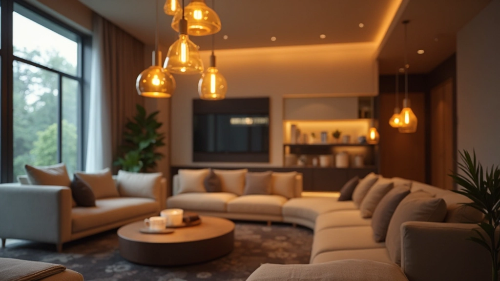 リビングルームの照明デザイン、ペンダントライト、間接照明、暖かい雰囲気、モダン家具
