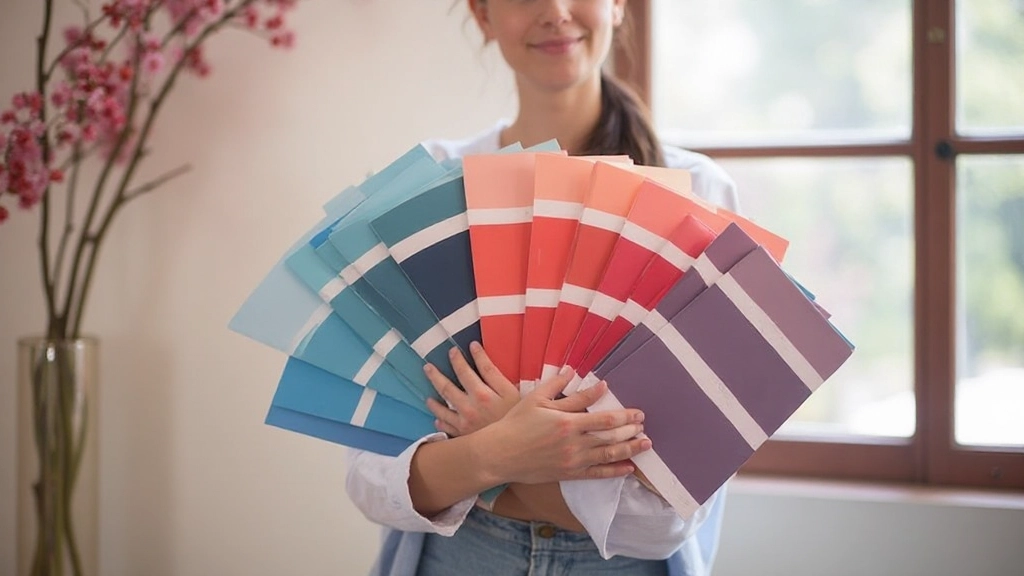 季節の色彩が並べられた壁、春のピンク、夏の青、秋の赤、冬の紫、照明による美しい陰影